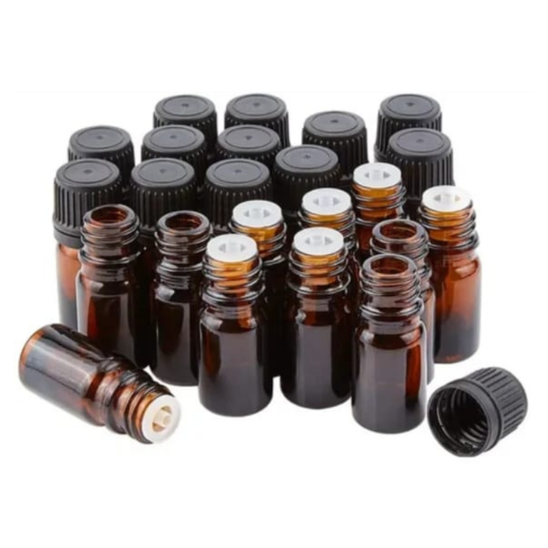 Empty Amber Glass Essential Oil Bottles with Orifice Dropper Reducer and Black Cap -  10 Pieces - 5 ml Empty Amber Glass Essential Oil Bottles with Black cap