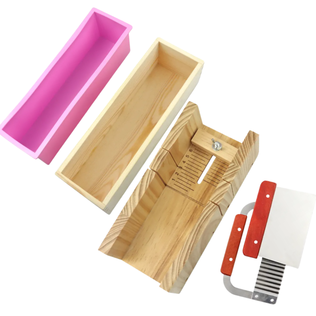 Adjustable Cutting Box with 2 Pieces of Stainless Steel Cutters – Soap Mold Silicone with Wooden Box - 1 x Adjustable Wooden Soap Cutting Box,1 x Wooden Box Mold 1 x Silicone Soap Mold, 1 x Straight Stainless Steel Cutter ,1 x Wavy Stainless Steel Cutter