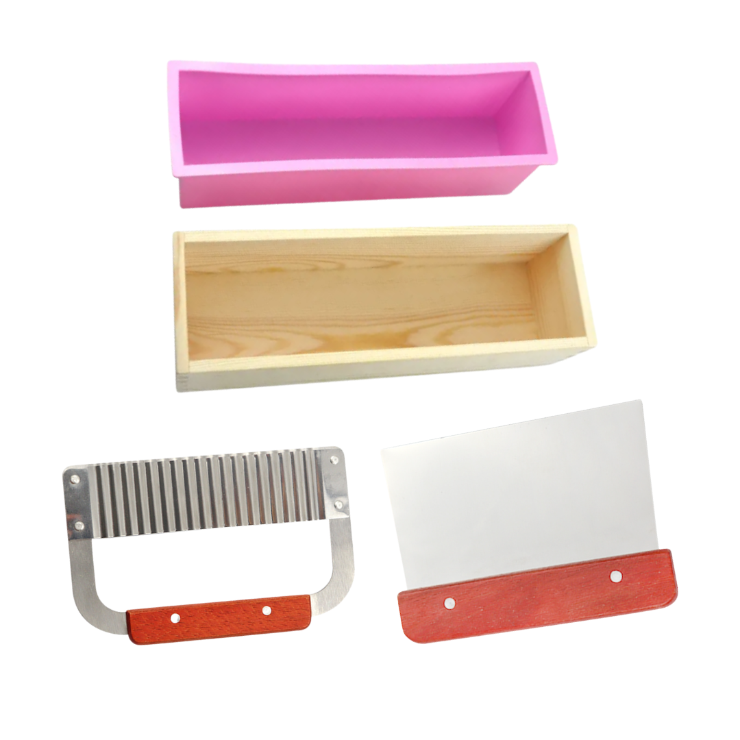 Adjustable Cutting Box with 2 Pieces of Stainless Steel Cutters – Soap Mold Silicone with Wooden Box - 1 x Wooden Box Mold 1 x Silicone Soap Mold, 1 x Straight Stainless Steel Cutter ,1 x Wavy Stainless Steel Cutter
