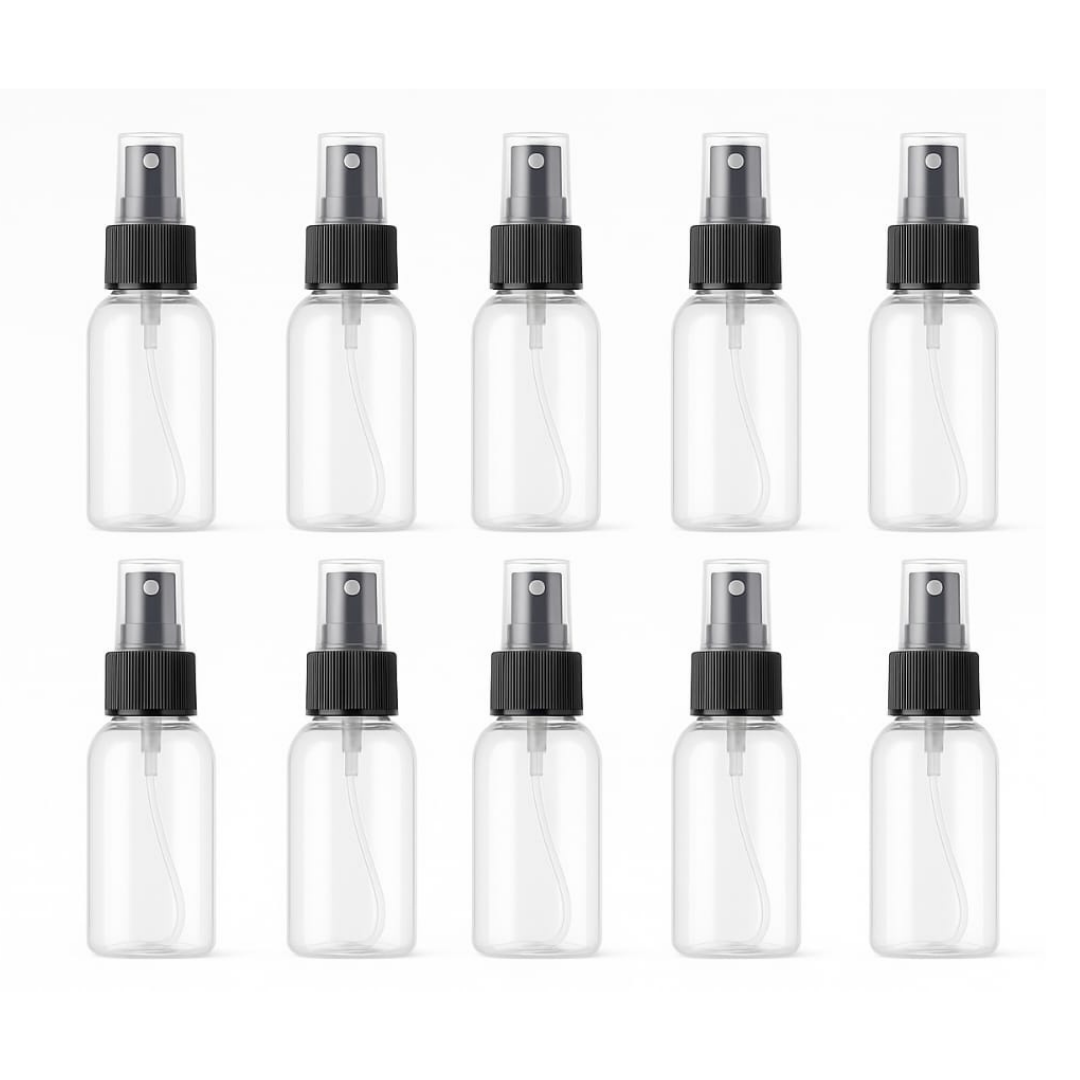 Clear Plastic Bottle with Black Mist Spray - Fine mist spray ensures smooth, even coverage. - 10 Pieces | 60ml - Clear Plastic Bottle with Black Mist Spray
